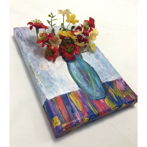 Original Art Floral Mixed Media Acrylic Painting Colorful Decor Red Yellow 7 x 5 - Picture 3 of 6